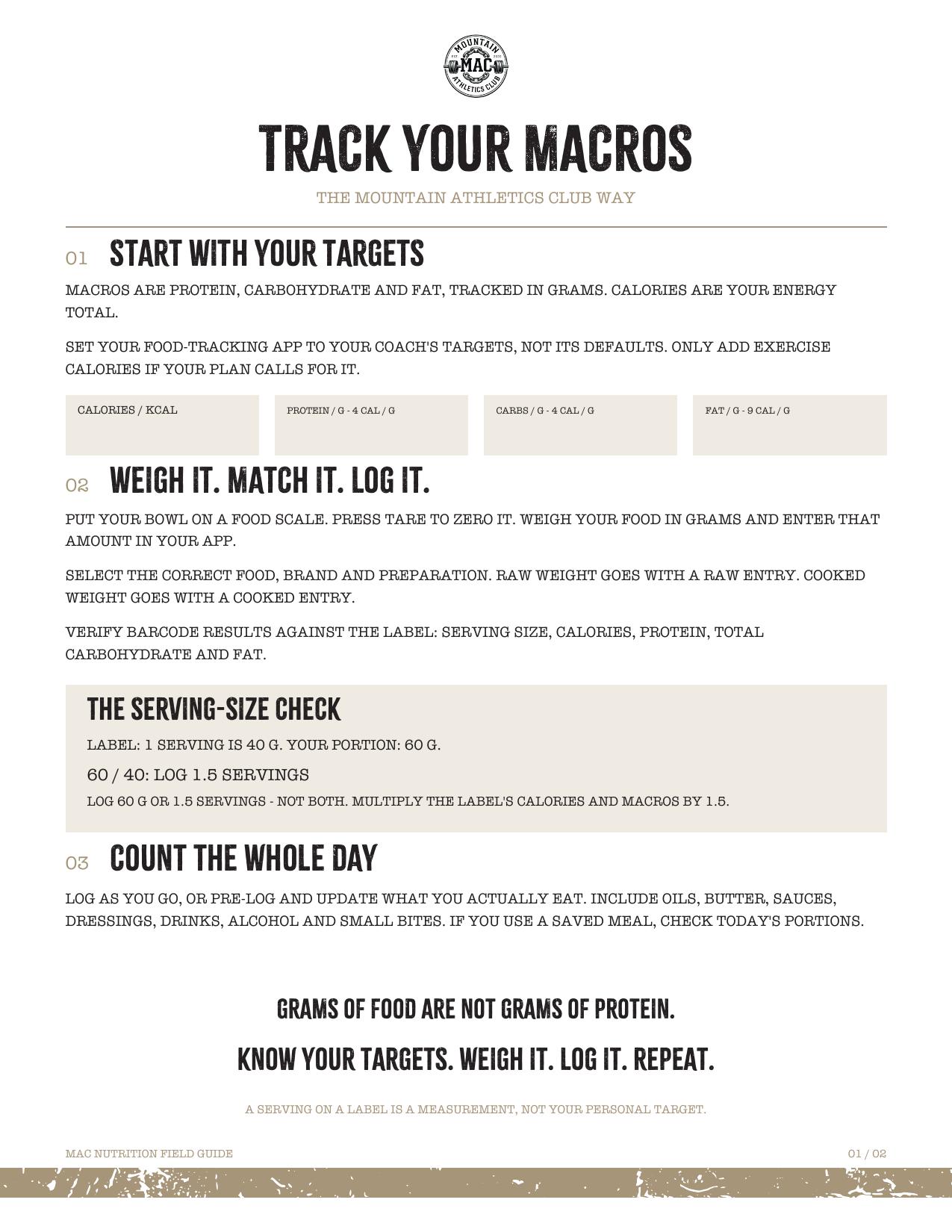 First page of the MAC Nutrition Field Guide: Track Your Macros